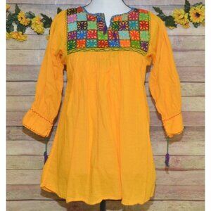 Handmade Yellow Rococo Embroidered Floral Mexican Blouse Tunic Top Size S